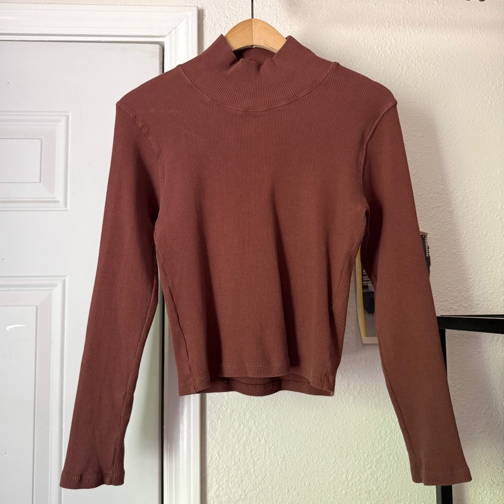 BIG BUD PRESS brown organic cotton rib ribbed mock neck cropped long sleeve top